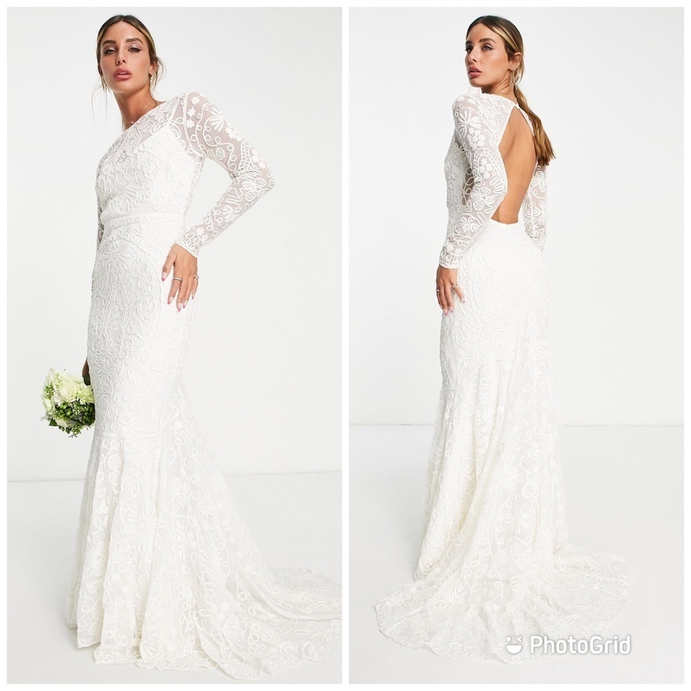 ASOS Bridal Connie Tonal Cornelli Embroidered Wedding Dress Sz 12